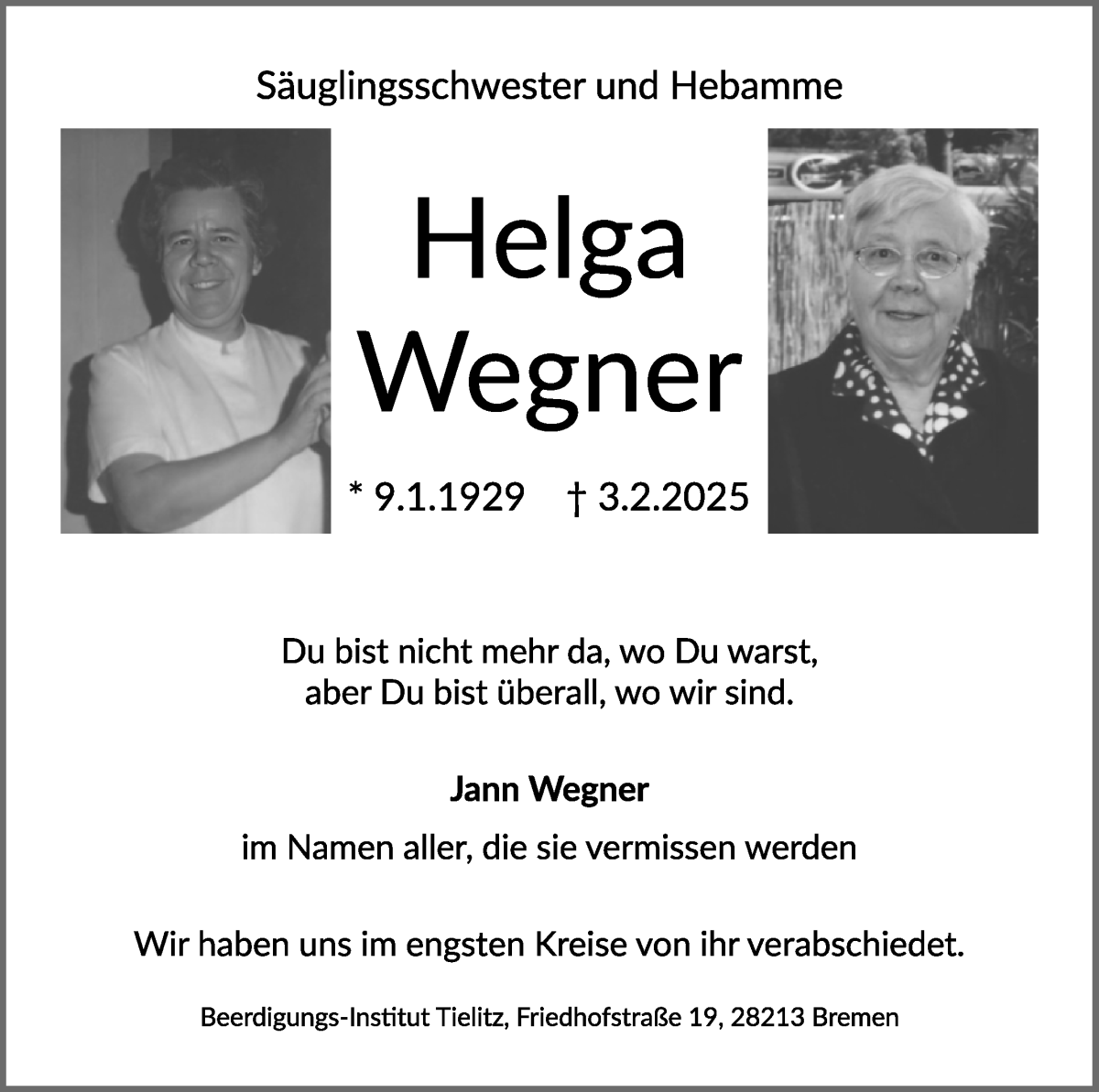 Traueranzeige von Helga Wegner von WESER-KURIER