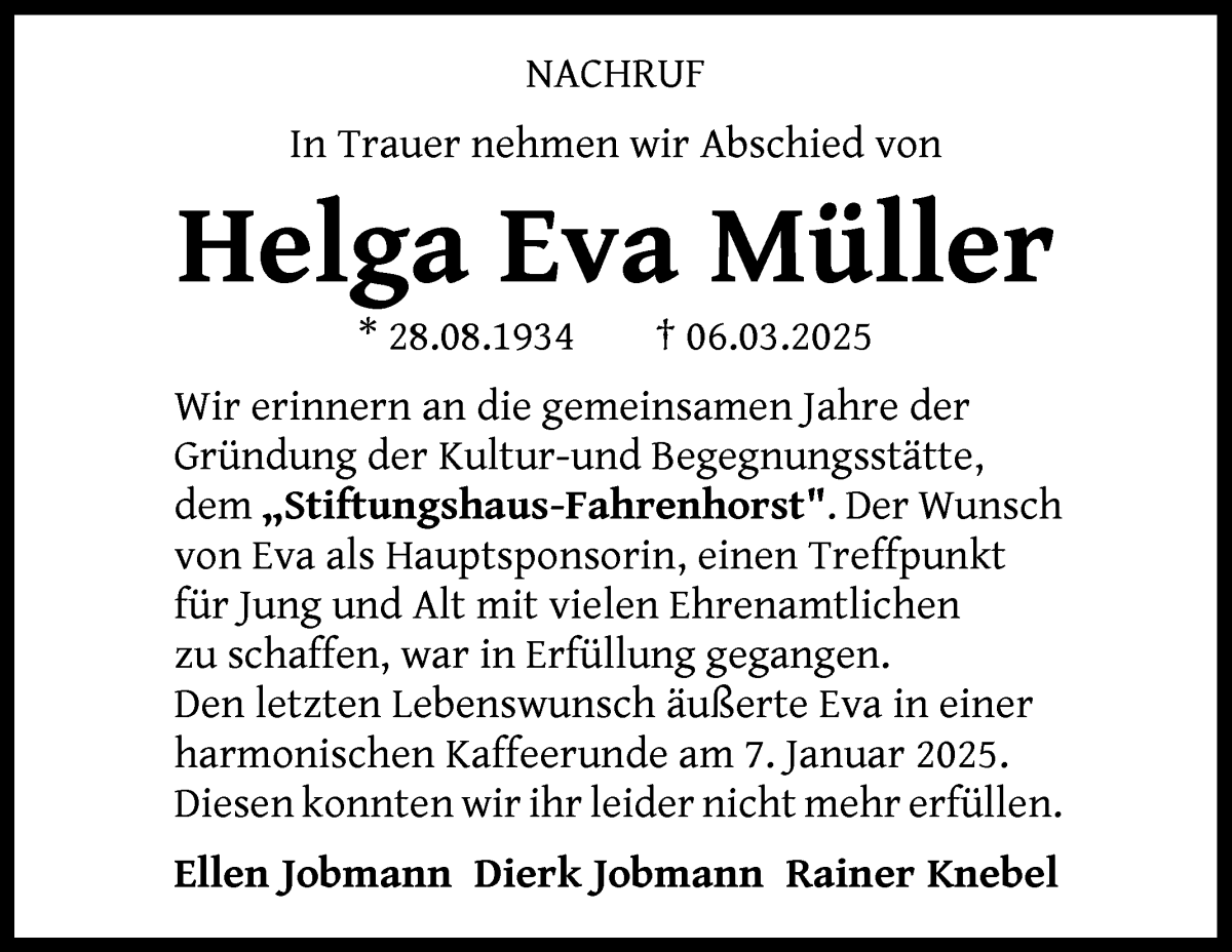 Traueranzeige von Helga Eva Müller von WESER-KURIER