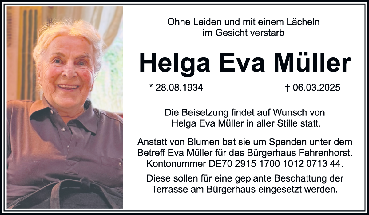 Traueranzeige von Helga Eva Müller von Regionale Rundschau/Syker Kurier