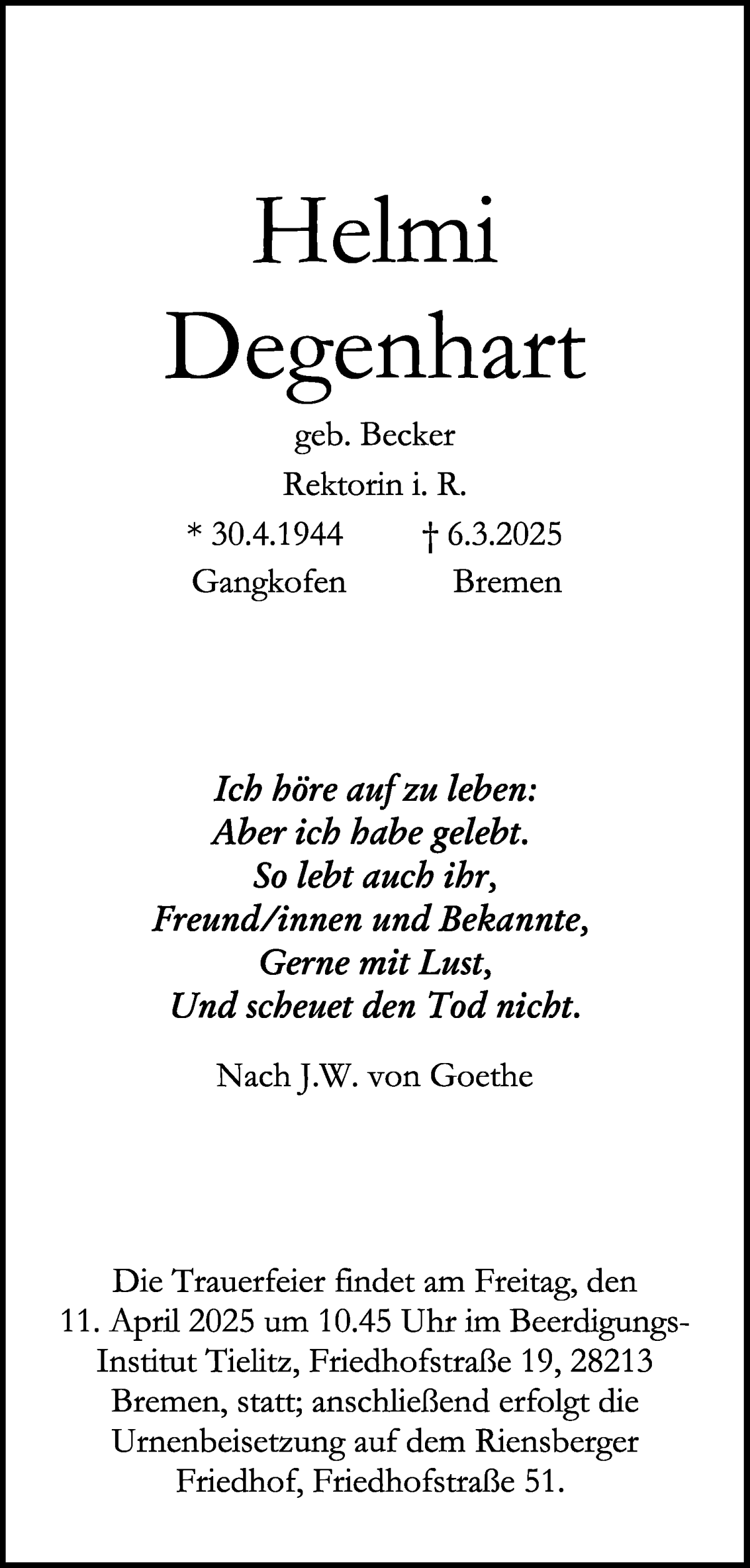 Traueranzeige von Helmi Degenhart von WESER-KURIER