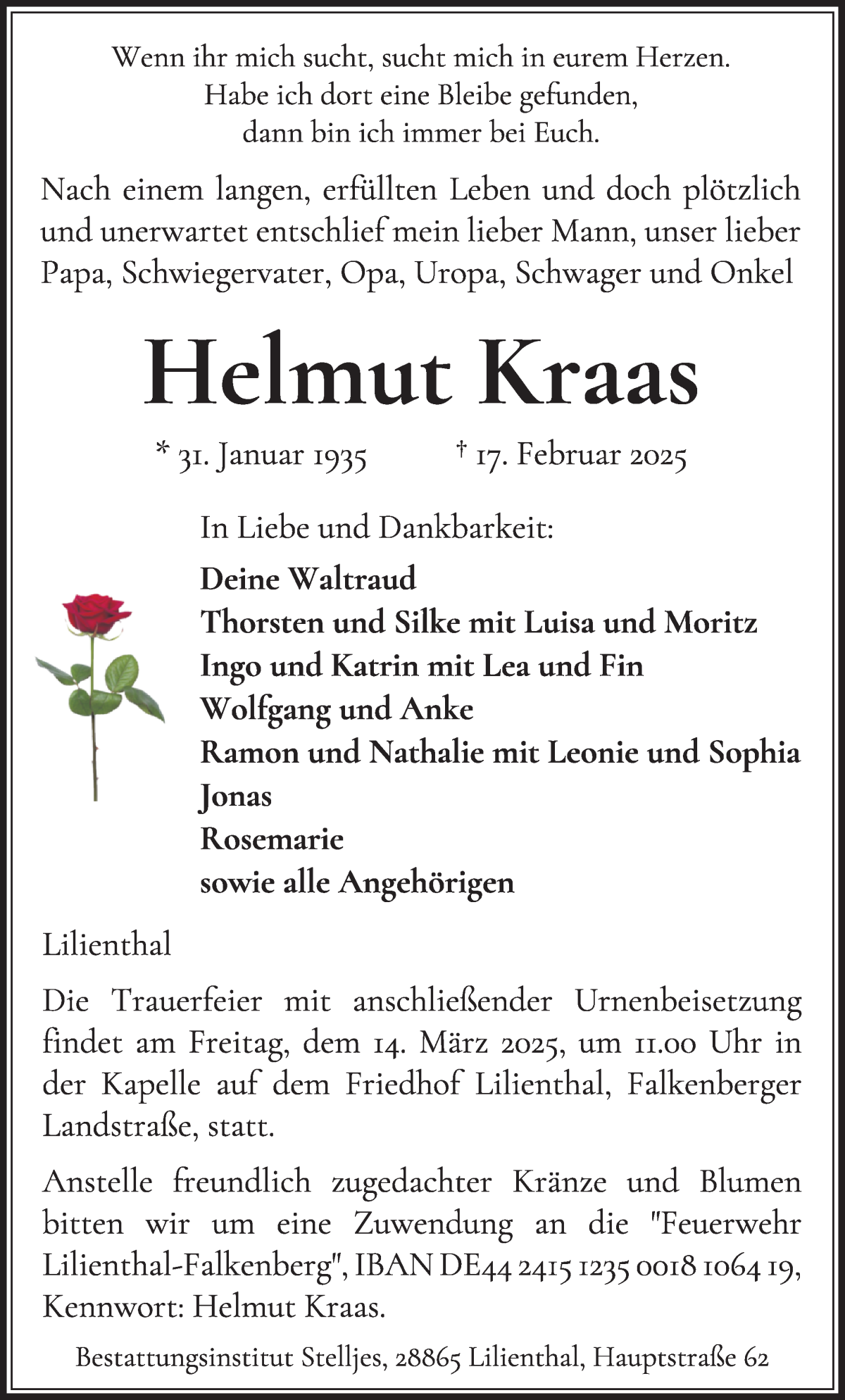 Traueranzeige von Helmut Kraas von WESER-KURIER
