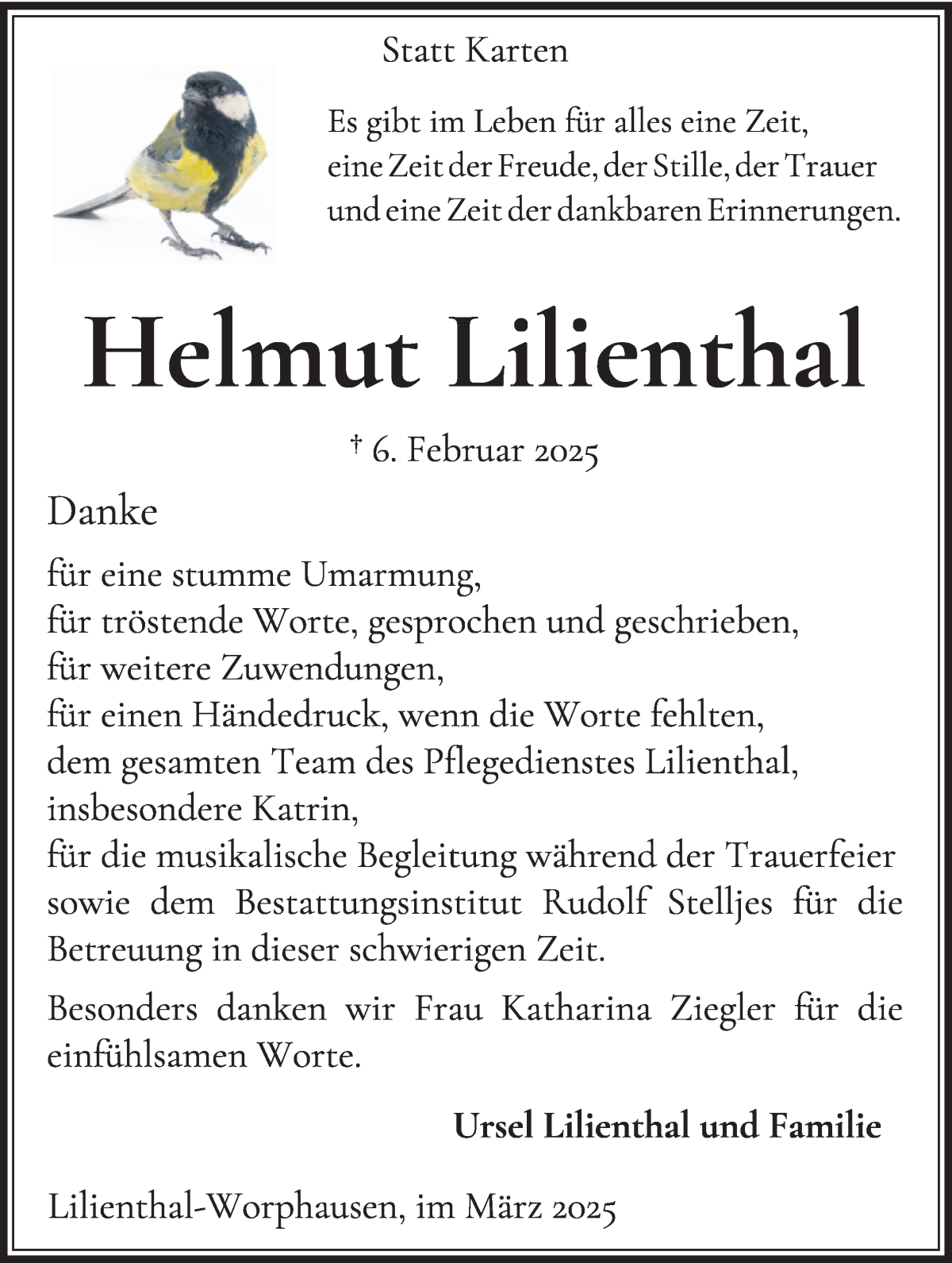 Traueranzeige von Helmut Lilienthal von Wuemme Zeitung