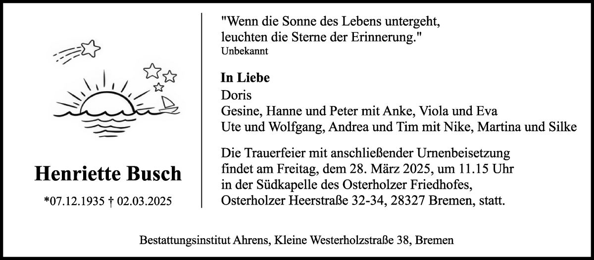 Traueranzeige von Henriette Busch von WESER-KURIER