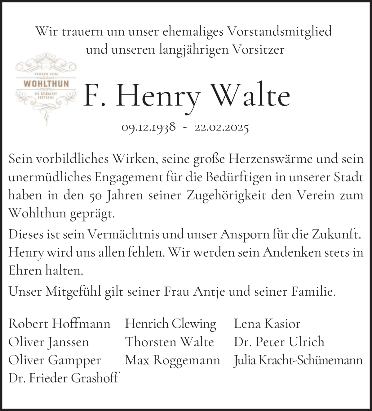 Traueranzeige von Henry Walte von WESER-KURIER