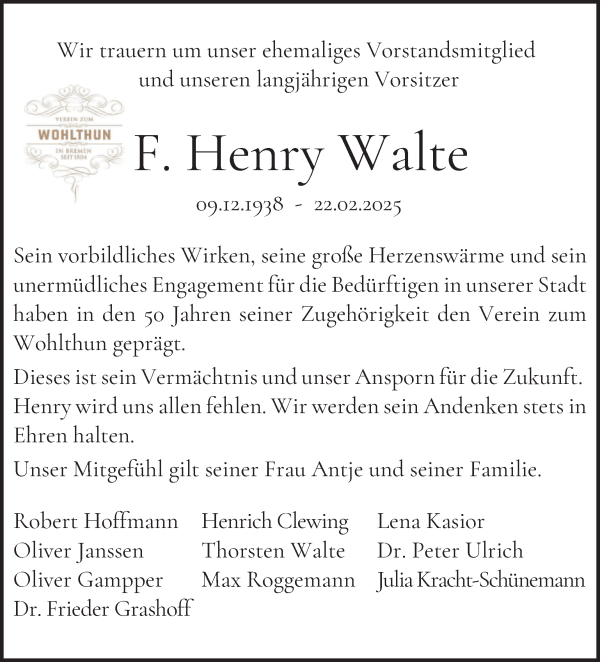 Traueranzeige von Henry Walte von WESER-KURIER