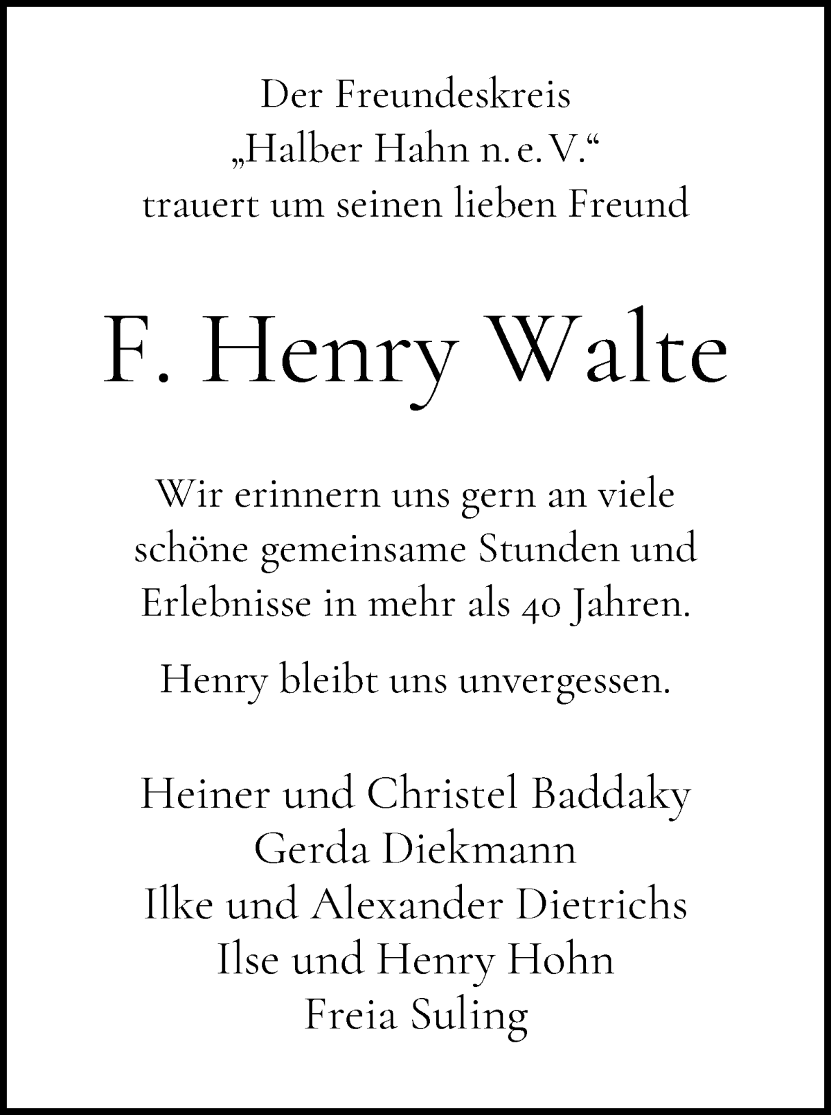 Traueranzeige von Henry Walte von WESER-KURIER