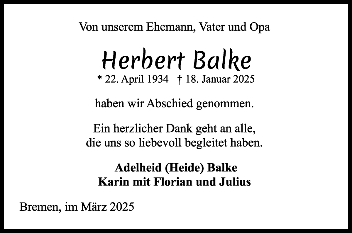 Traueranzeige von Herbert Balke von WESER-KURIER