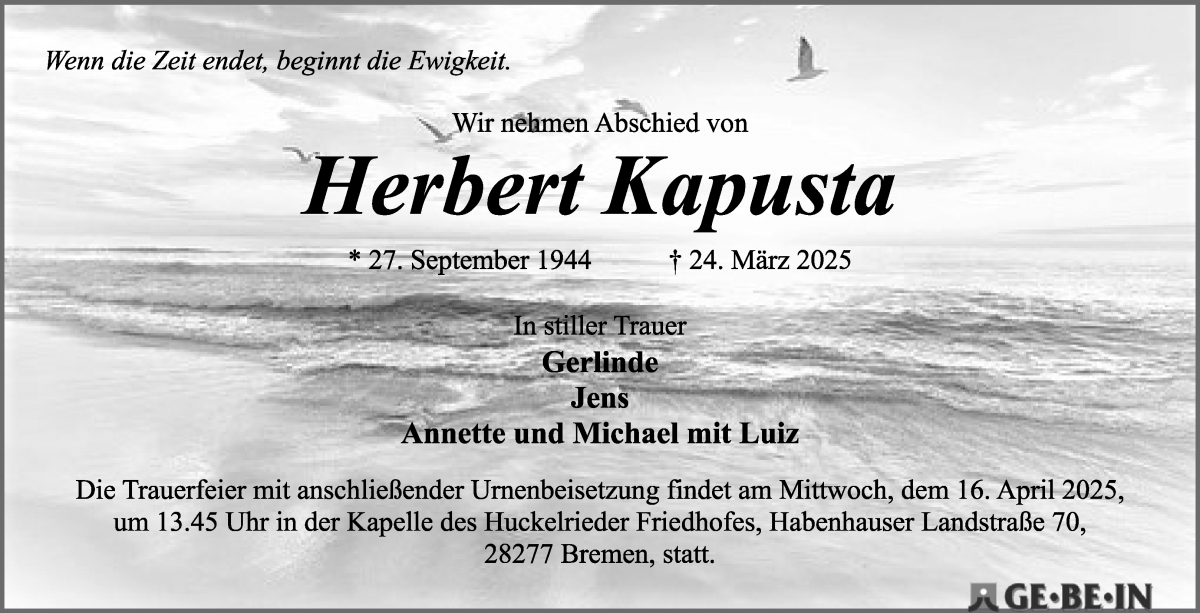 Traueranzeige von Herbert Kapusta von WESER-KURIER