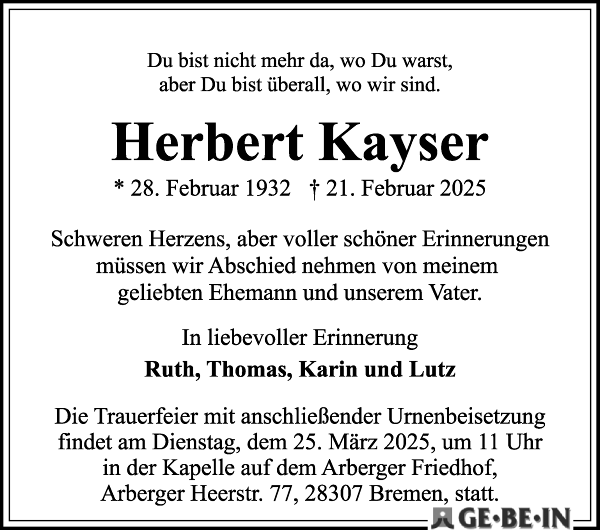 Traueranzeige von Herbert Kayser von WESER-KURIER
