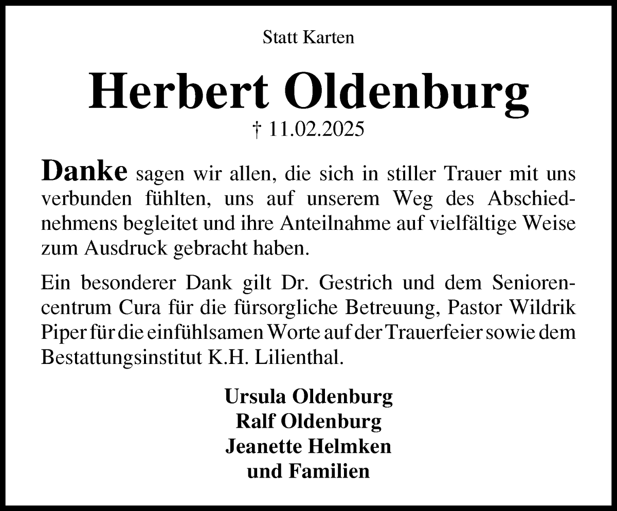 Traueranzeige von Herbert Oldenburg von Wuemme Zeitung