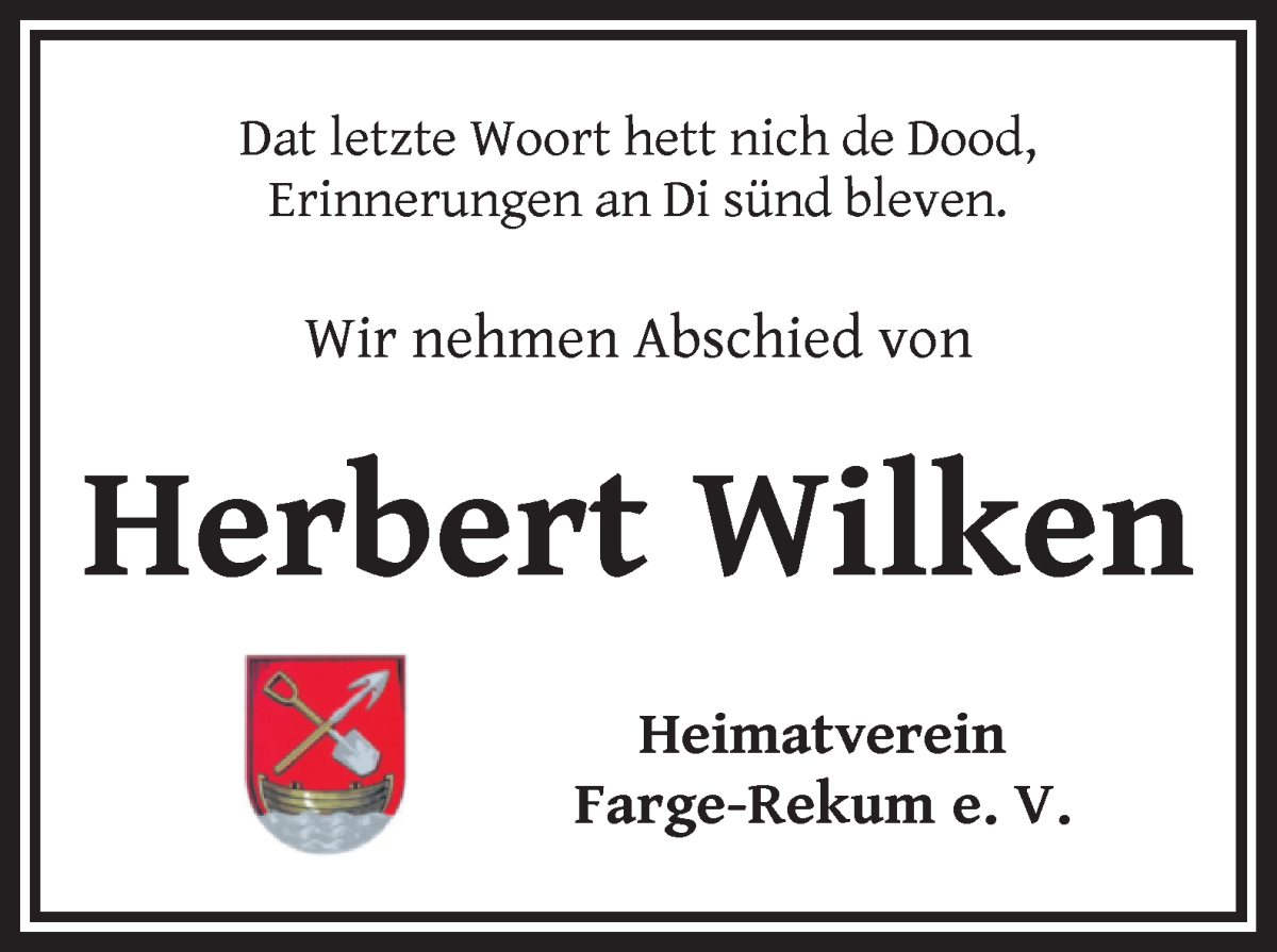 Traueranzeige von Herbert Wilken von Die Norddeutsche