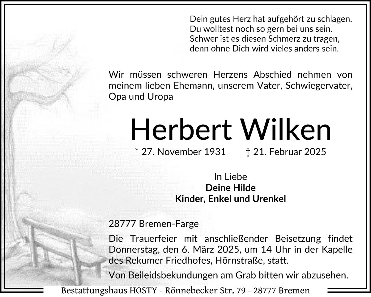 Traueranzeige von Herbert Wilken von Die Norddeutsche