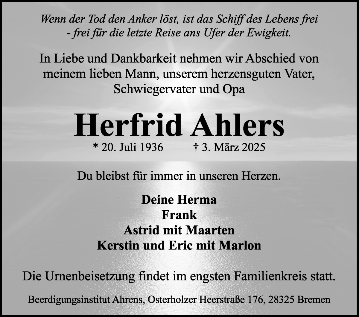 Traueranzeige von Herfrid Ahlers von WESER-KURIER