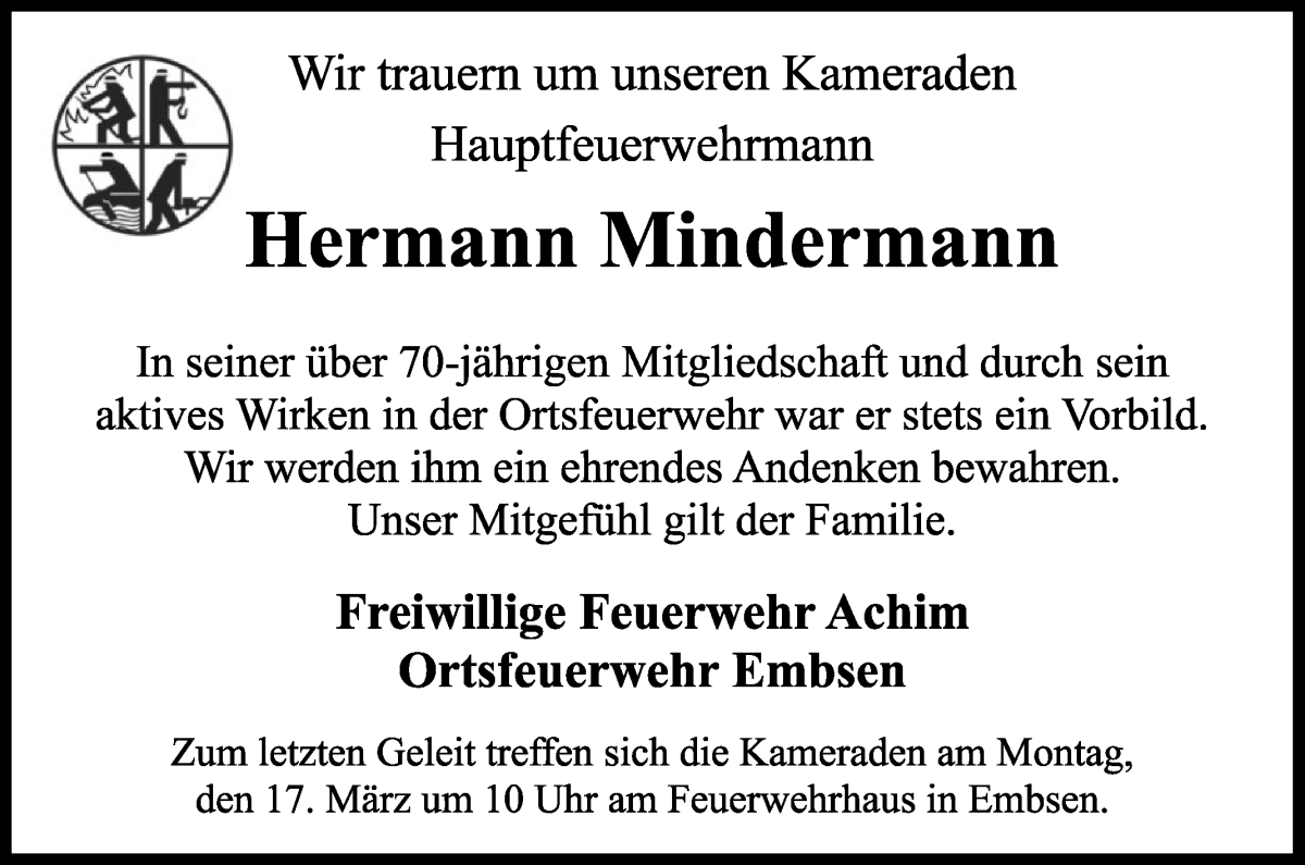 Traueranzeige von Hermann Mindermann von Achimer Kurier/Verdener Nachrichten