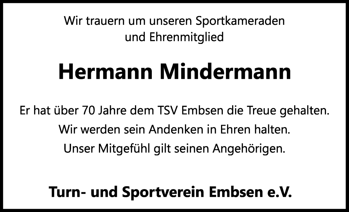 Traueranzeige von Hermann Mindermann von Achimer Kurier/Verdener Nachrichten