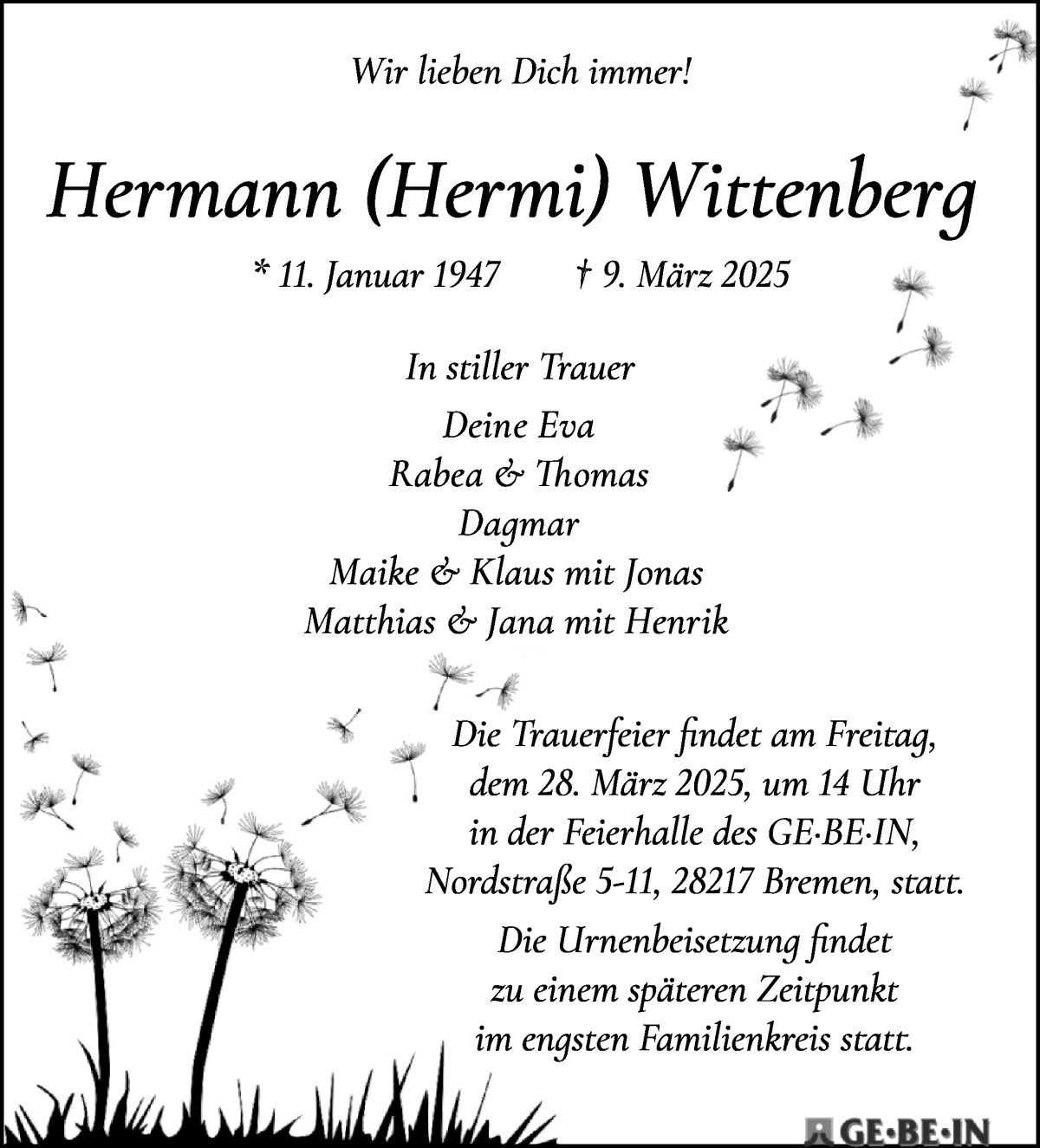 Traueranzeige von Hermann Wittenberg von WESER-KURIER
