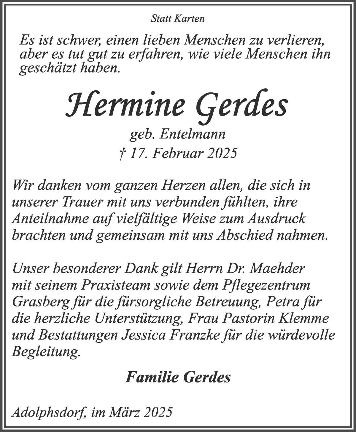 Traueranzeige von Hermine Gerdes von Wuemme Zeitung