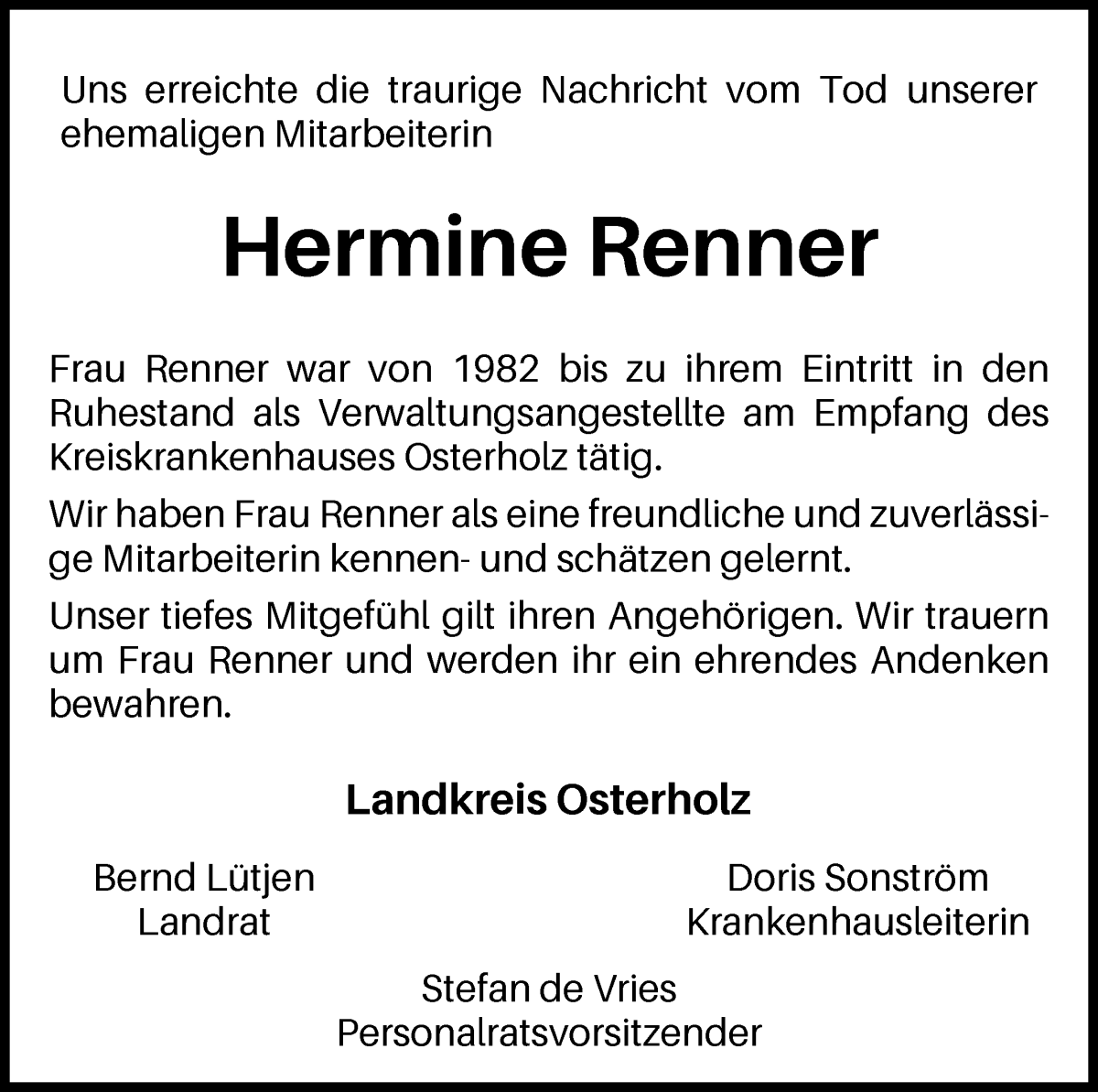 Traueranzeige von Hermine Renner von Osterholzer Kreisblatt