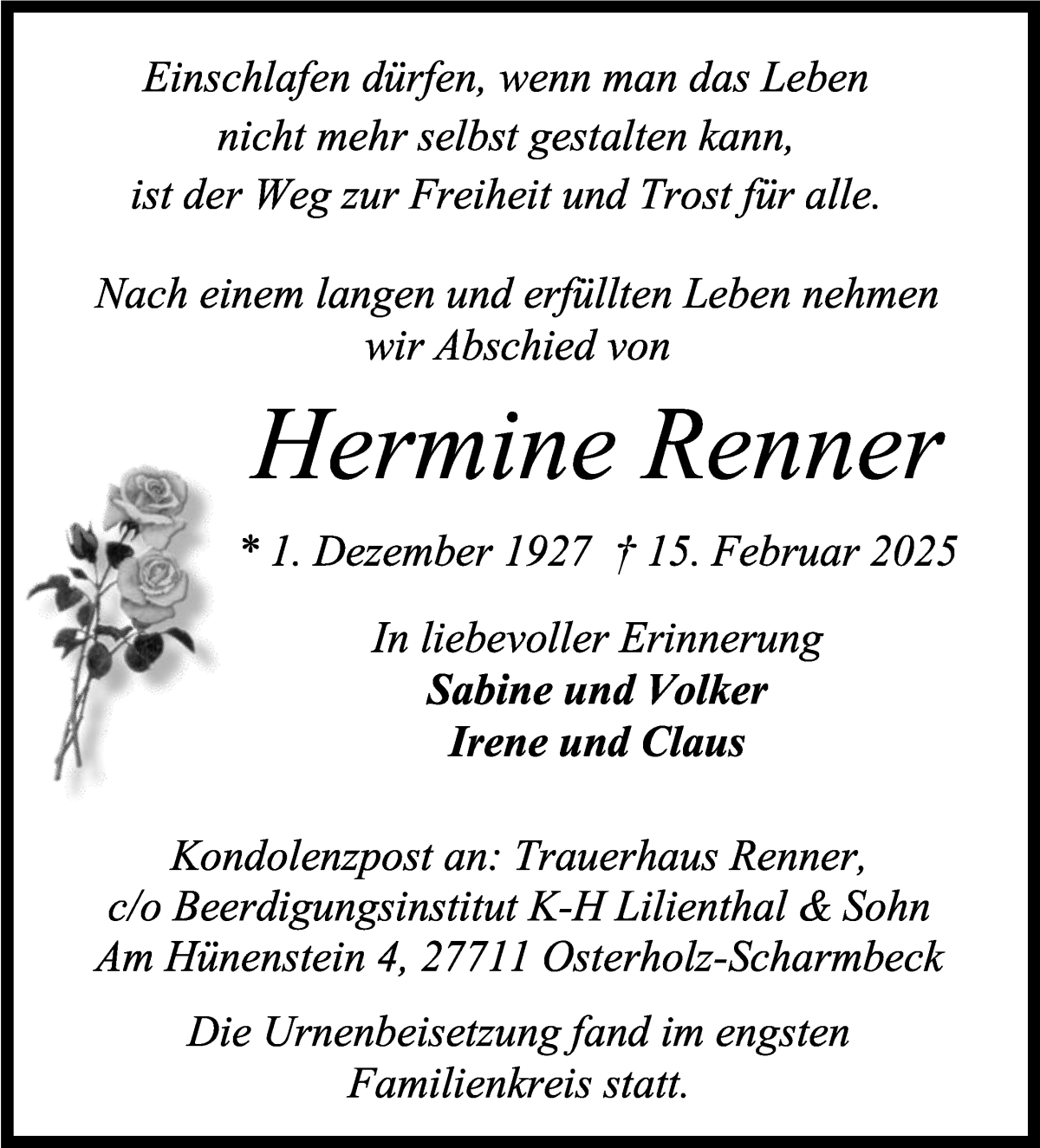 Traueranzeige von Hermine Renner von Osterholzer Kreisblatt