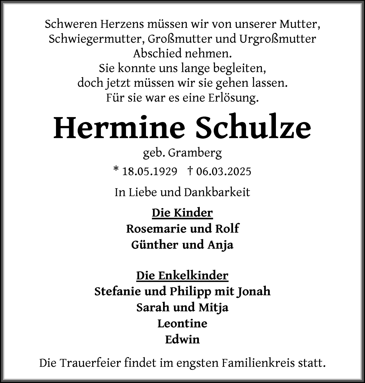 Traueranzeige von Hermine Schulze von WESER-KURIER