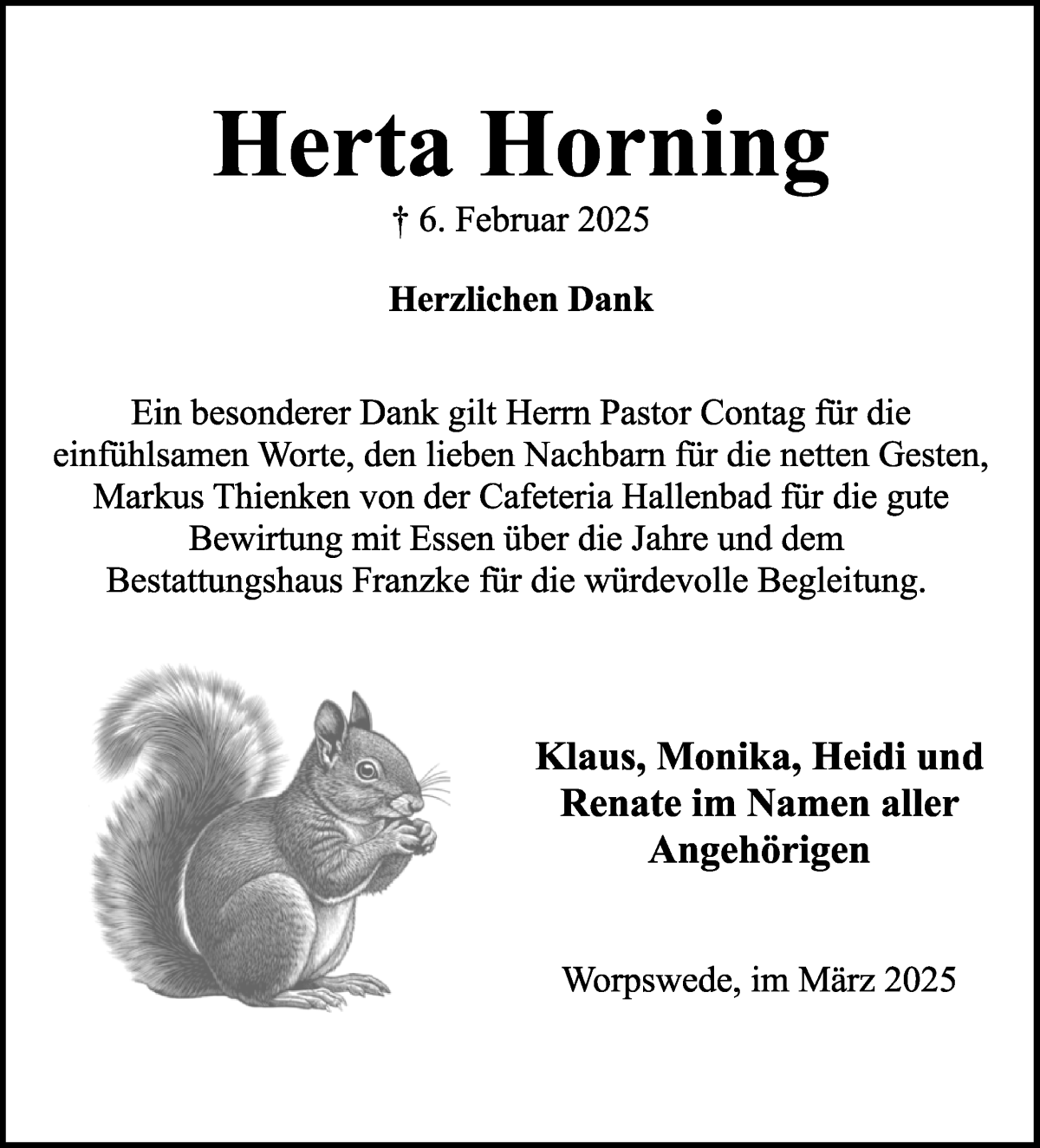 Traueranzeige von Herta Horning von Wuemme Zeitung