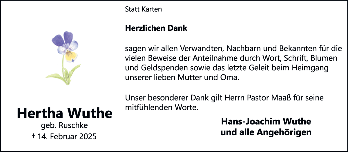 Traueranzeige von Hertha Wuthe von Achimer Kurier/Verdener Nachrichten