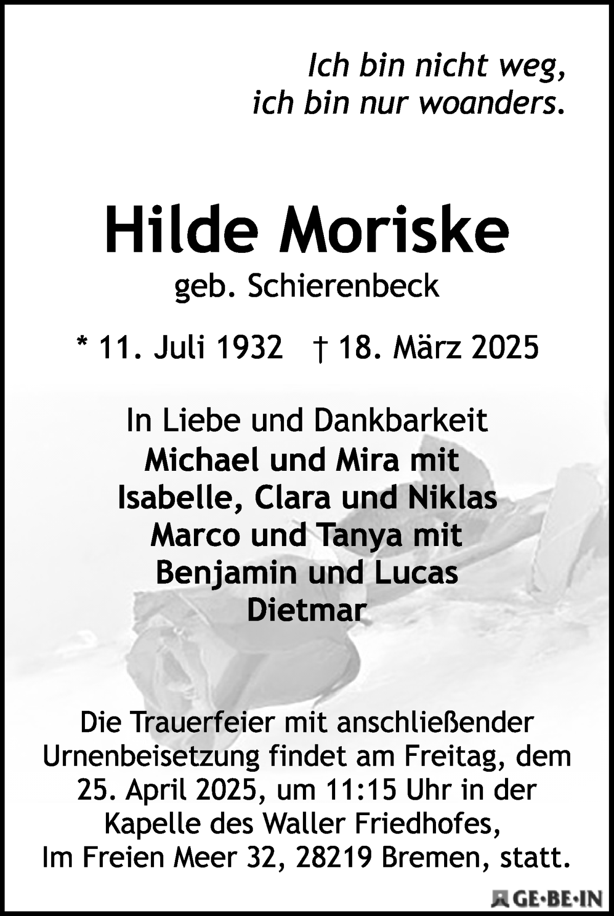 Traueranzeige von Hilde Moriske von WESER-KURIER