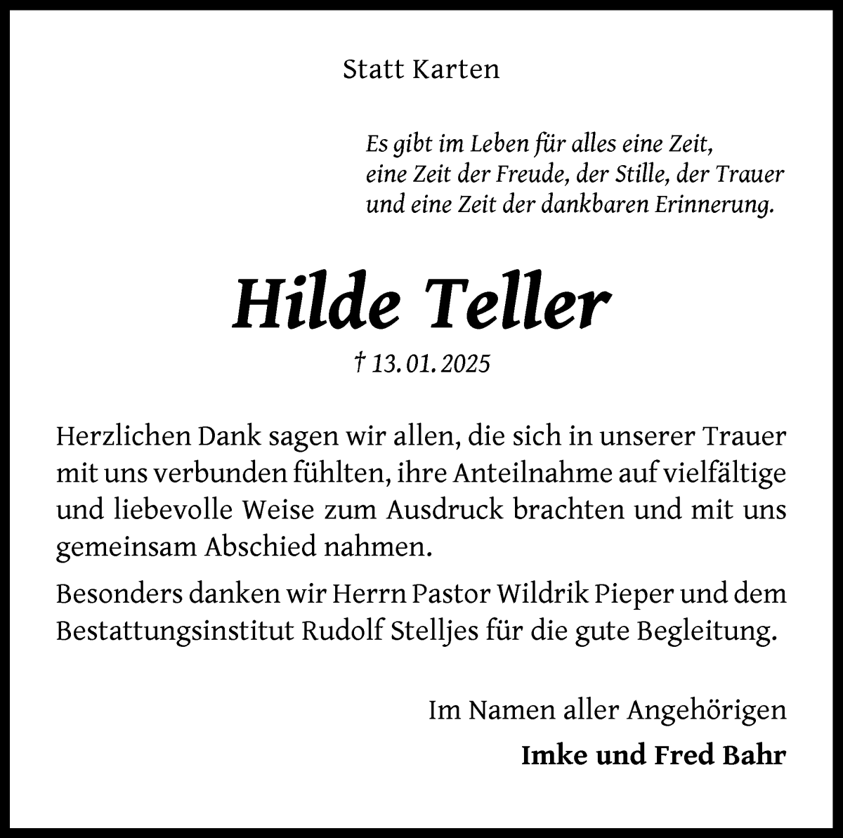 Traueranzeige von Hilde Teller von Wuemme Zeitung