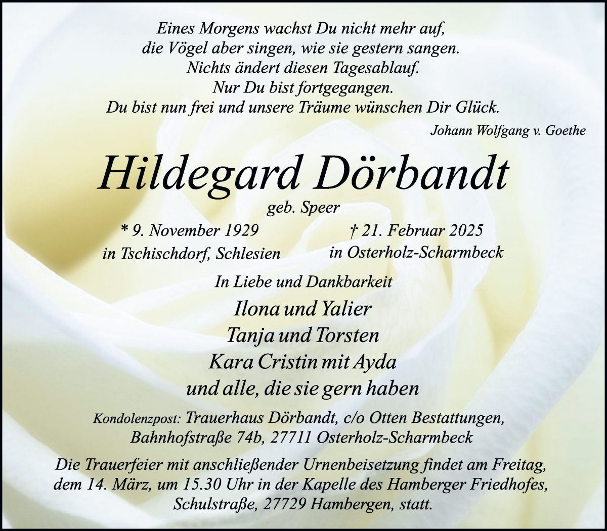 Traueranzeige von Hildegard Dörbandt von Osterholzer Kreisblatt