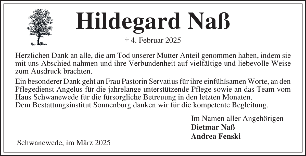 Traueranzeige von Hildegard Naß von Die Norddeutsche