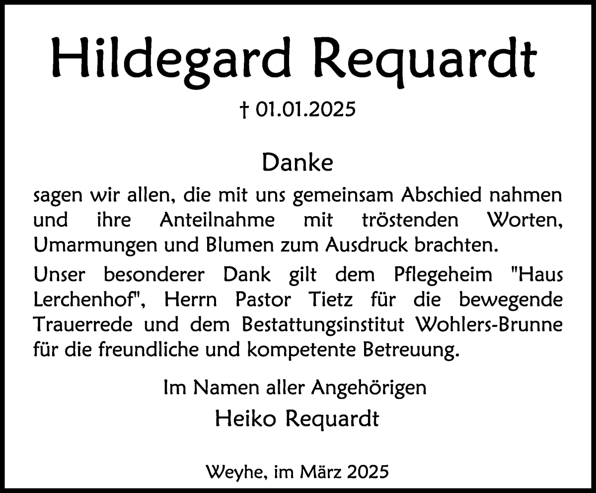 Traueranzeige von Hildegard Requardt von Regionale Rundschau/Syker Kurier