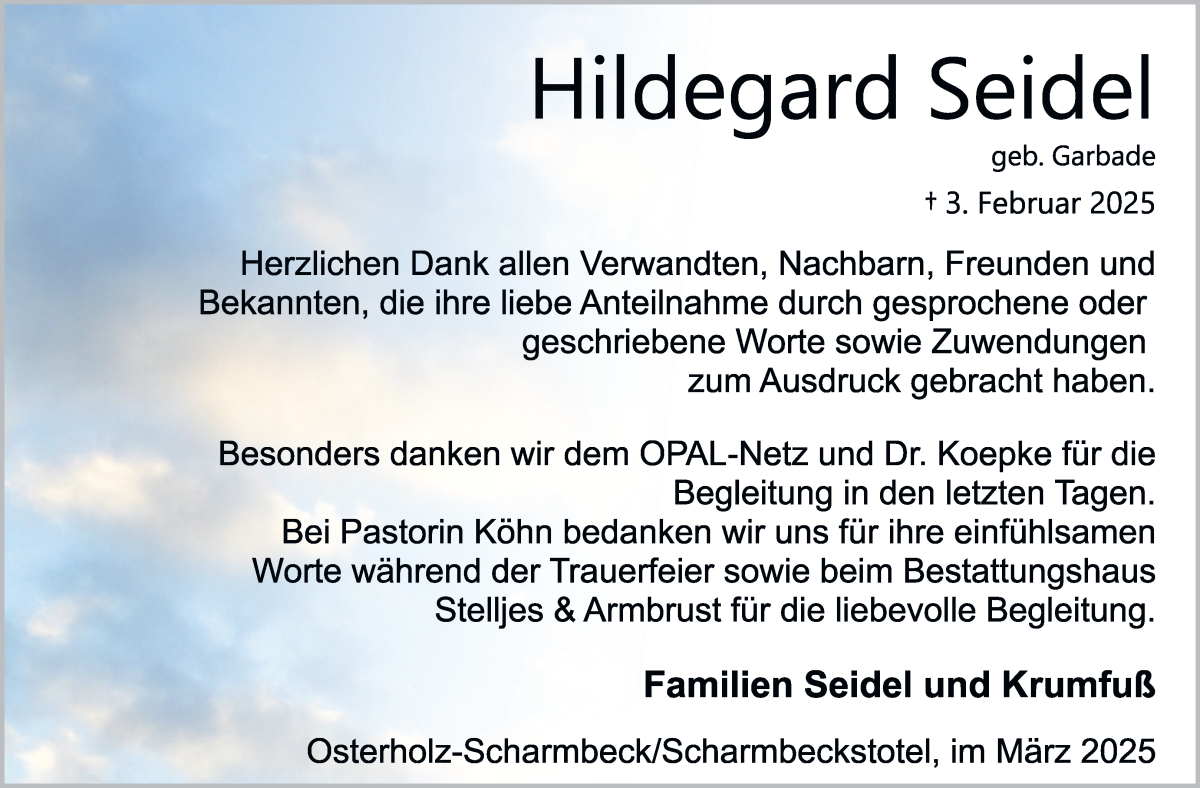 Traueranzeige von Hildegard Seidel von Osterholzer Kreisblatt