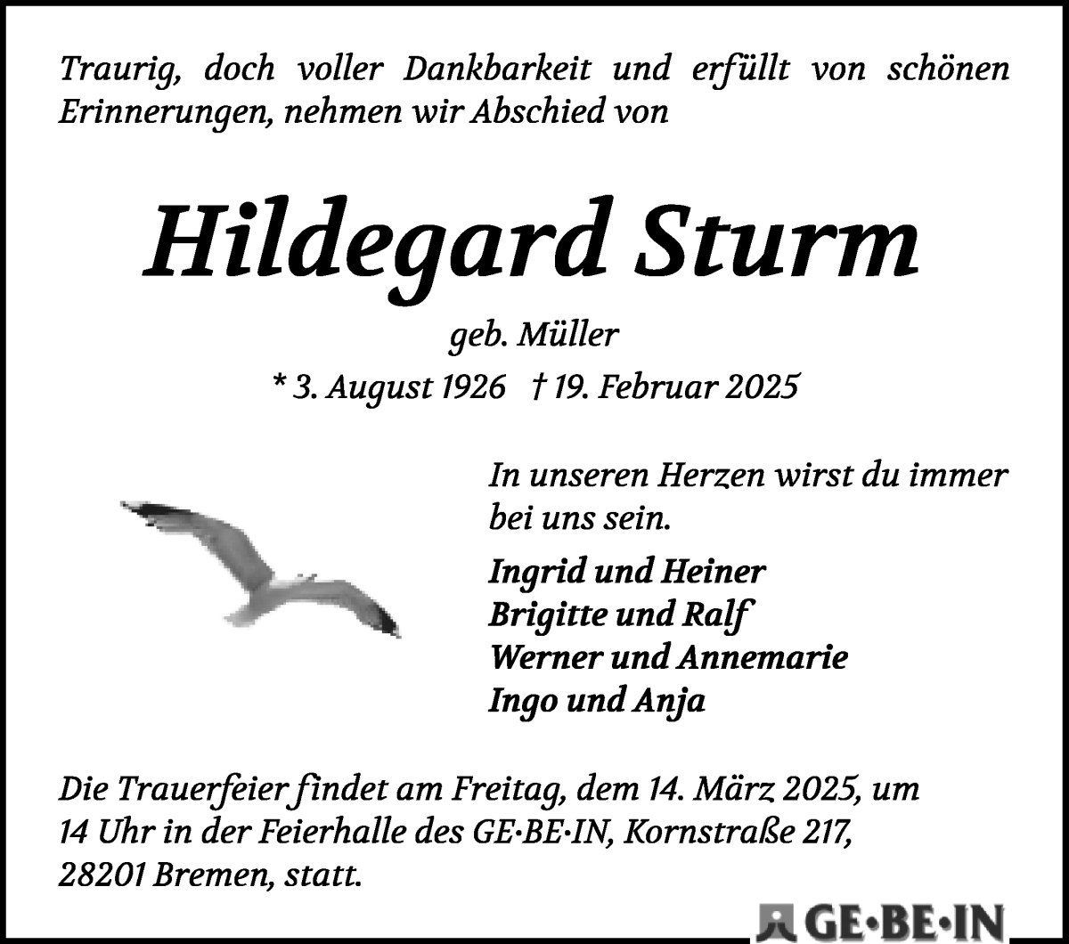 Traueranzeige von Hildegard Sturm von WESER-KURIER