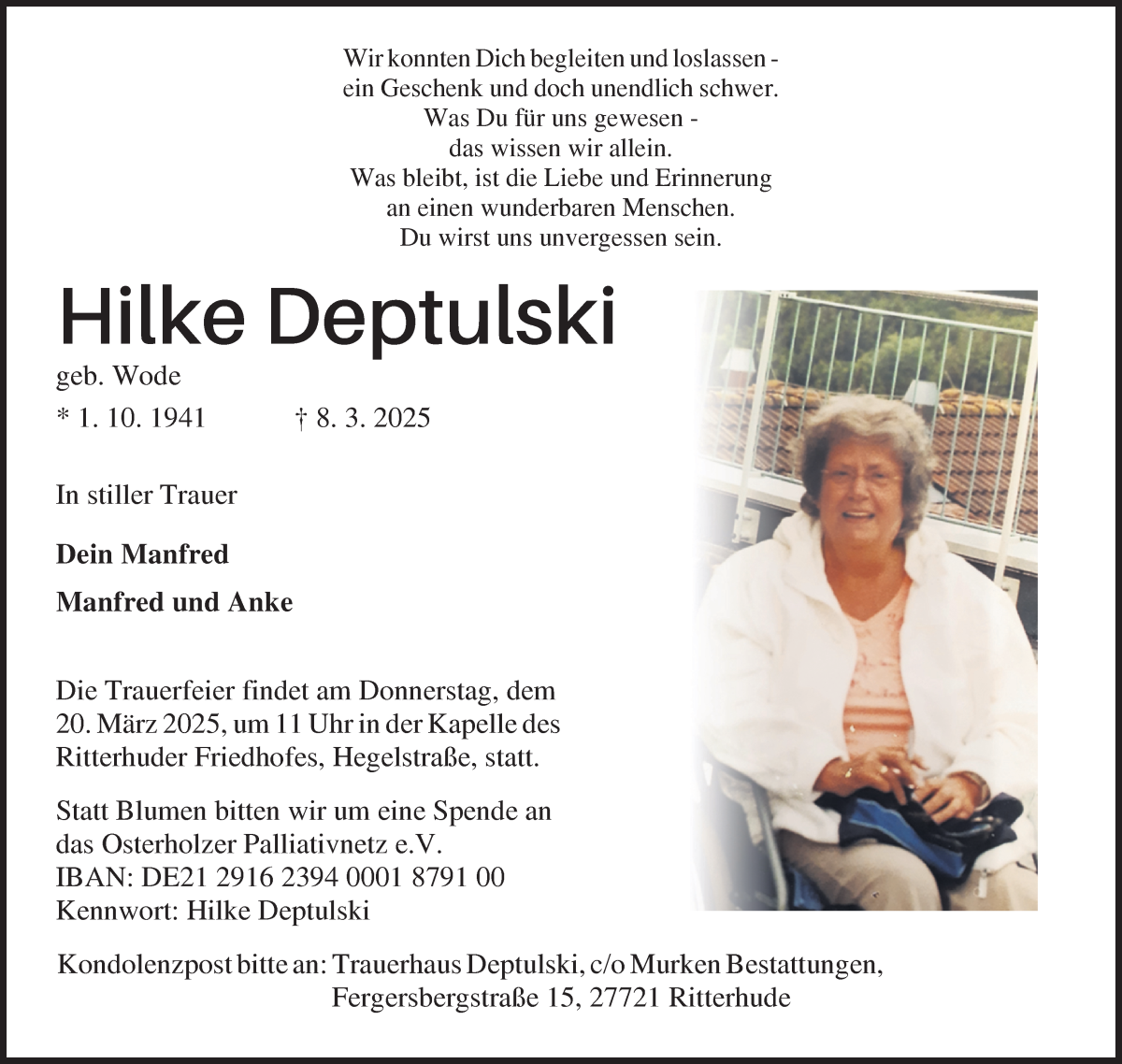 Traueranzeige von Hilke Deptulski von Osterholzer Kreisblatt