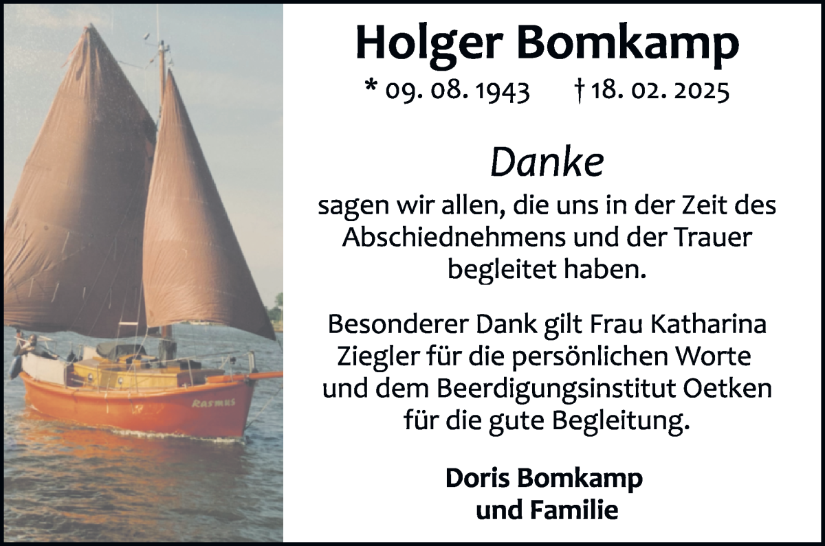 Traueranzeige von Holger Bomkamp von Die Norddeutsche