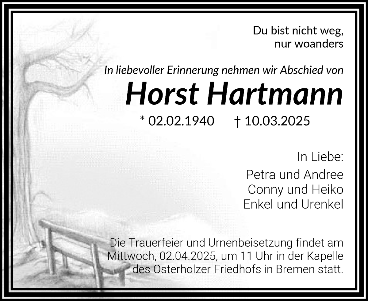 Traueranzeige von Horst Hartmann von WESER-KURIER