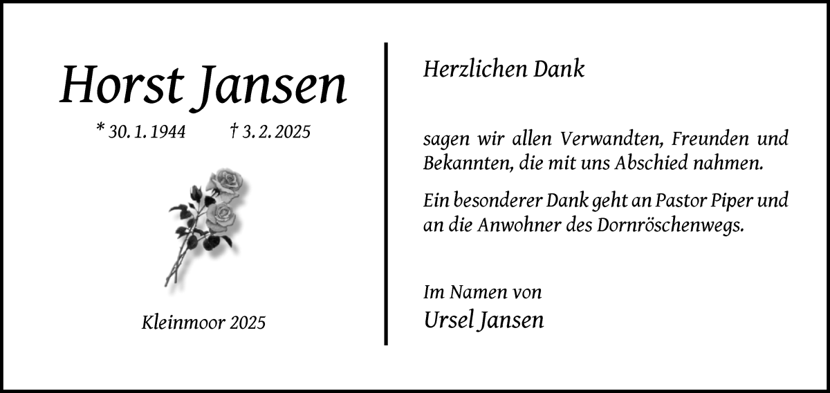 Traueranzeige von Horst Jansen von Wuemme Zeitung