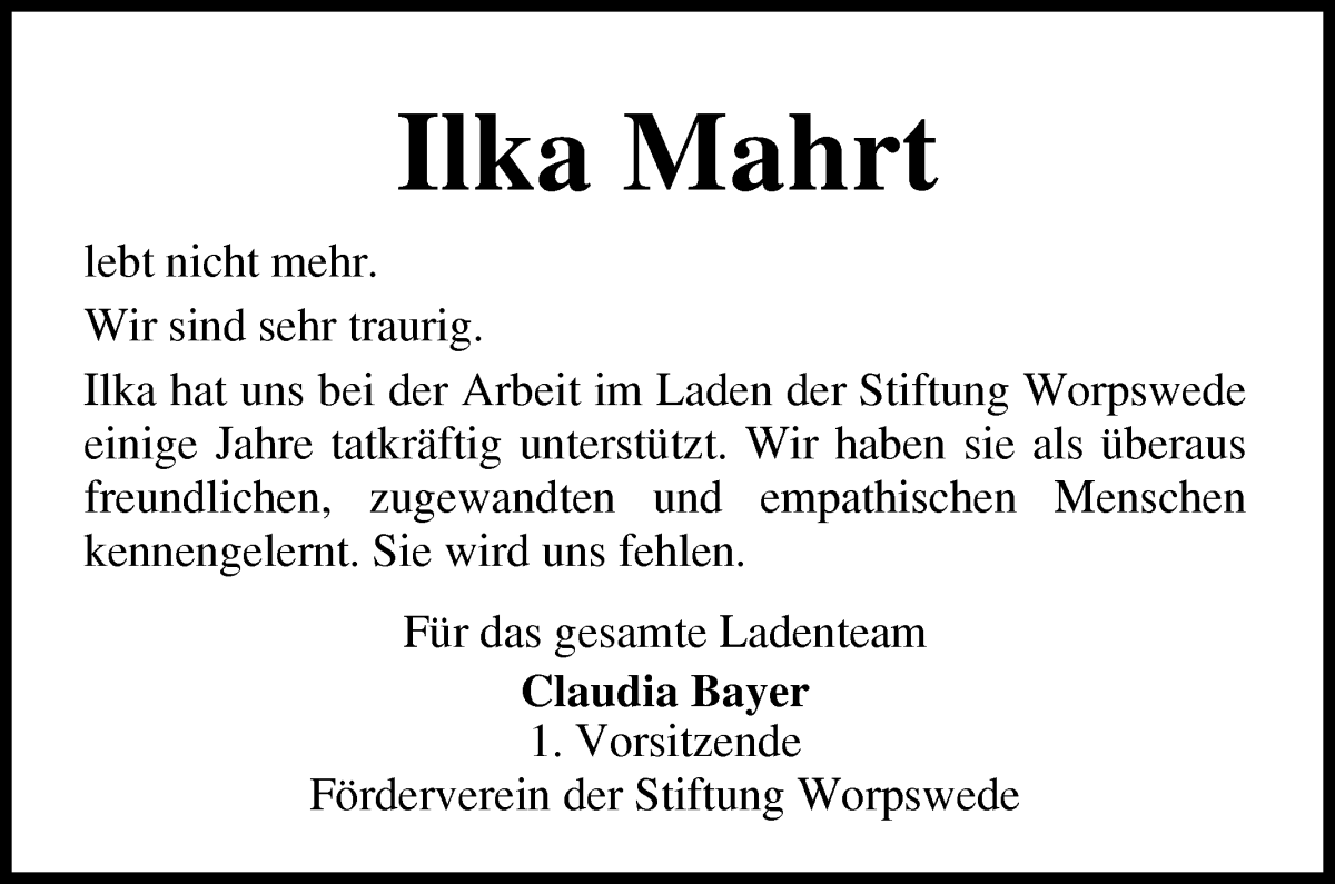 Traueranzeige von Ilka Mahrt von Wuemme Zeitung