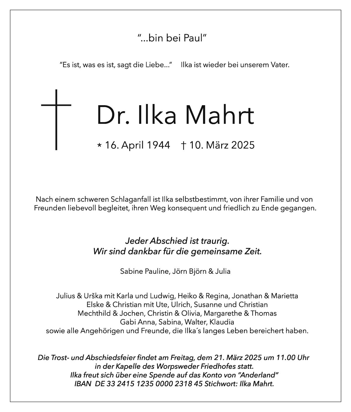 Traueranzeige von Ilka Mahrt von Osterholzer Kreisblatt