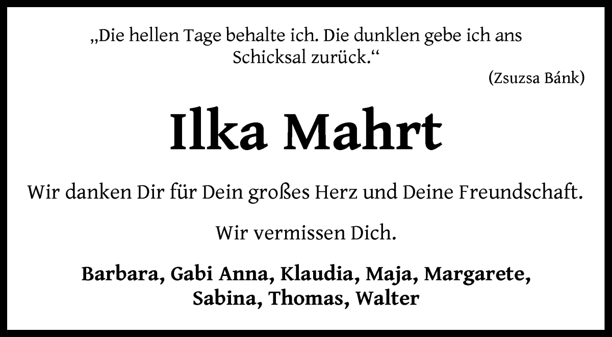 Traueranzeige von Ilka Mahrt von Wuemme Zeitung