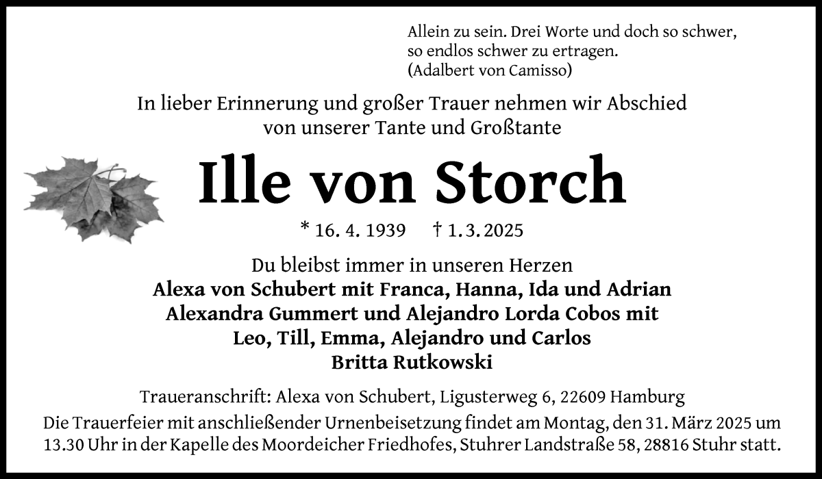Traueranzeige von Ille von Storch von WESER-KURIER