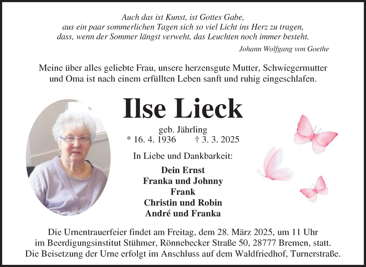 Traueranzeige von Ilse Lieck von Die Norddeutsche