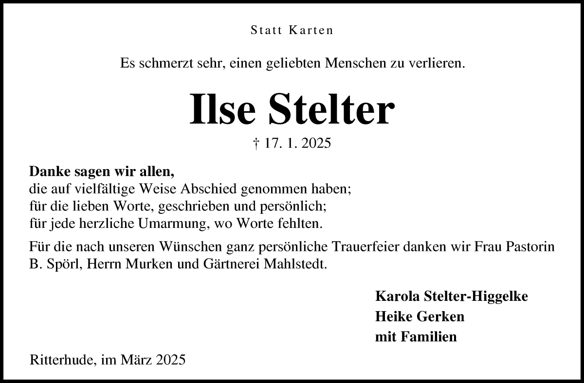 Traueranzeige von Ilse Stelter von Osterholzer Kreisblatt