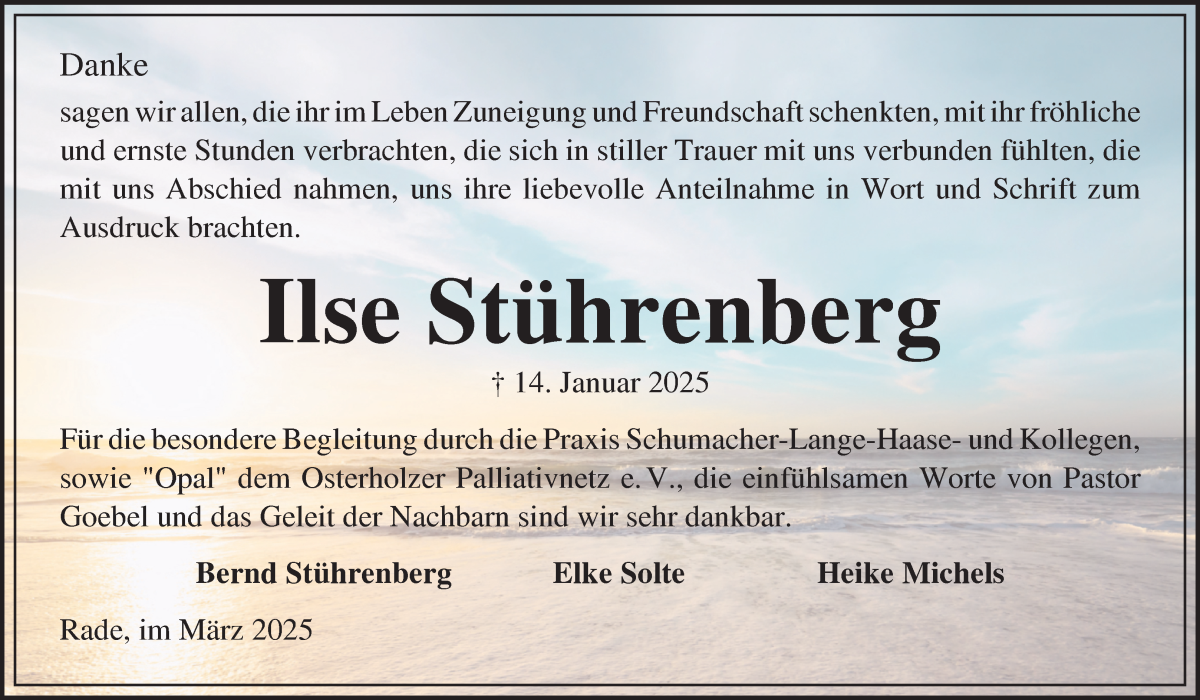 Traueranzeige von Ilse Stührenberg von Die Norddeutsche