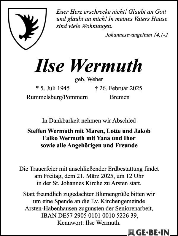 Traueranzeige von Ilse Wermuth von WESER-KURIER