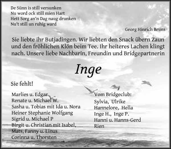 Traueranzeige von Inge Böning von WESER-KURIER