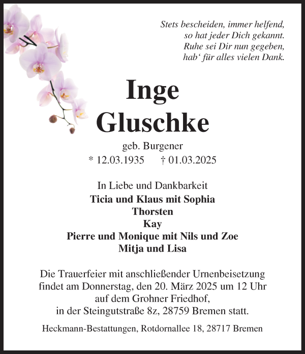 Traueranzeige von Inge Gluschke von Die Norddeutsche
