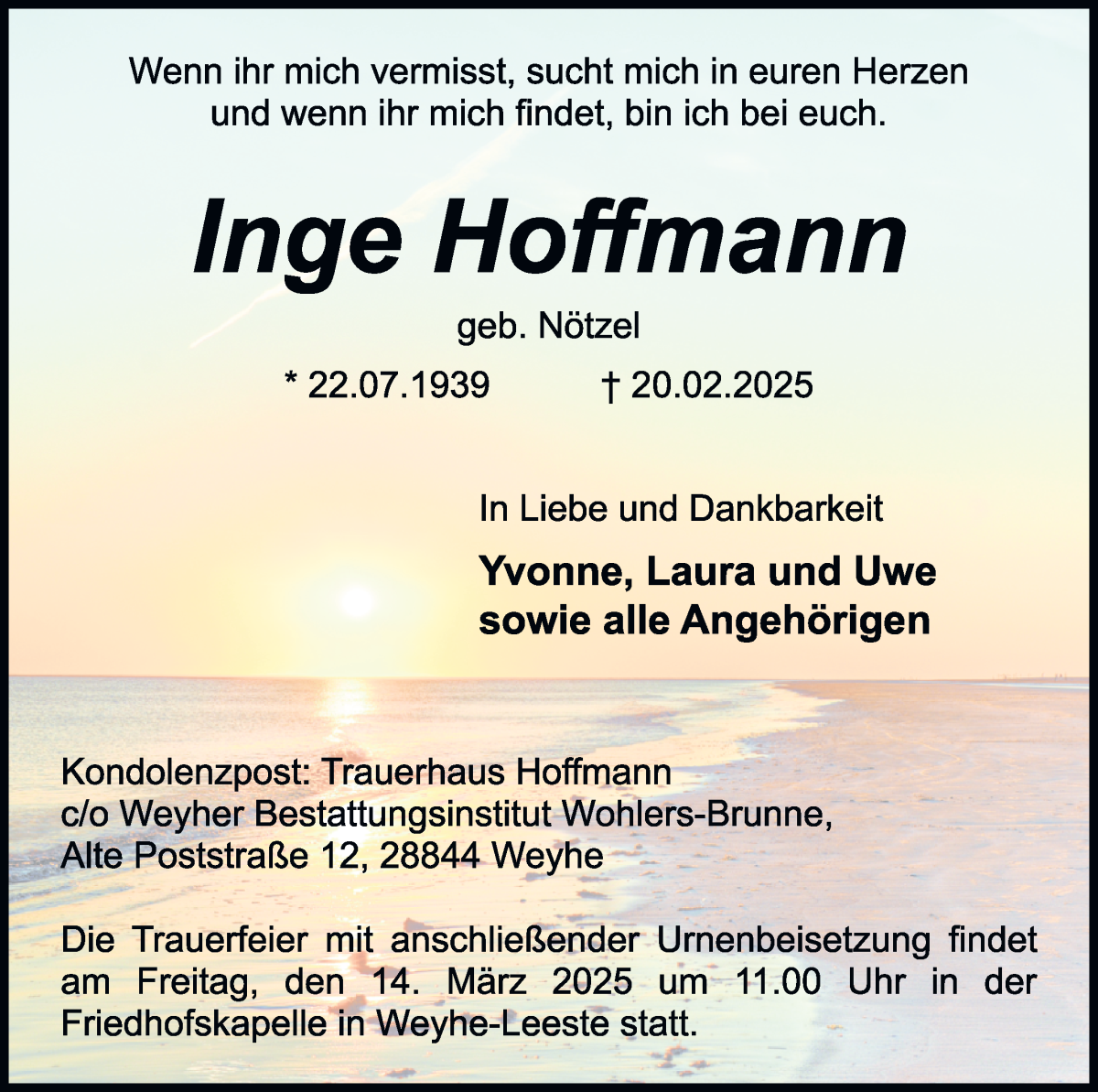 Traueranzeige von Inge Hoffmann von Regionale Rundschau/Syker Kurier
