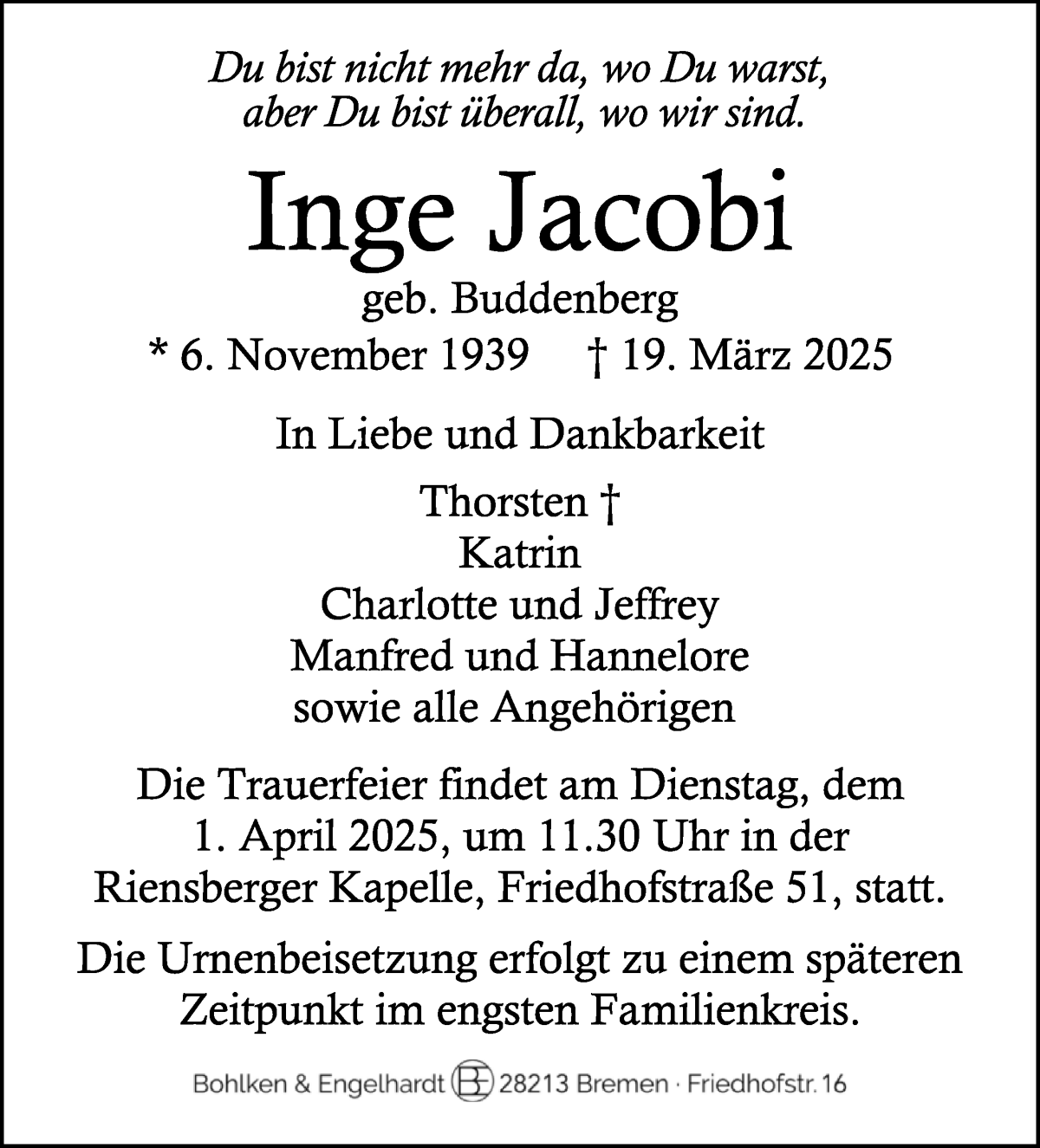 Traueranzeige von Inge Jacobi von WESER-KURIER