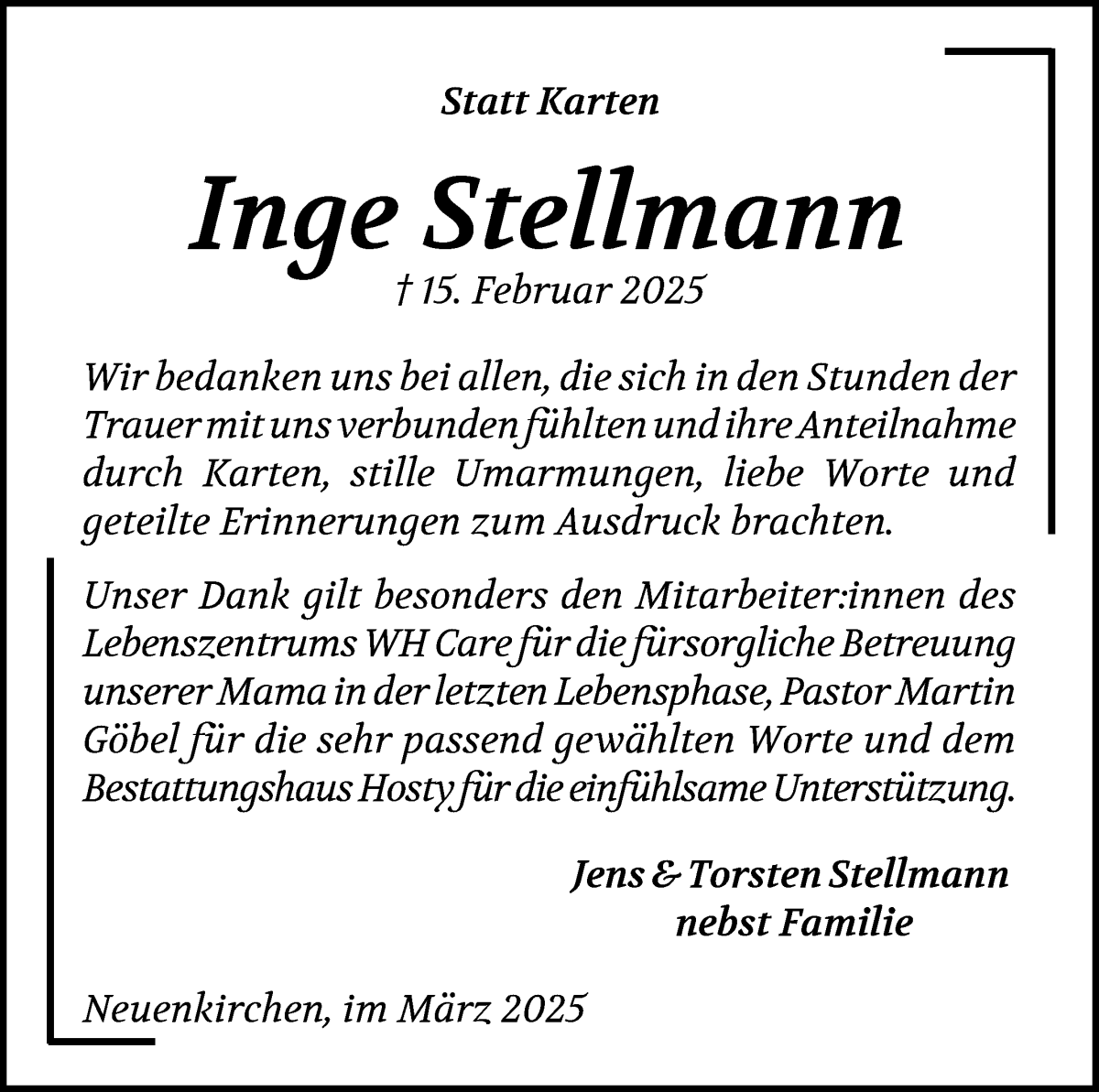 Traueranzeige von Inge Stellmann von Die Norddeutsche
